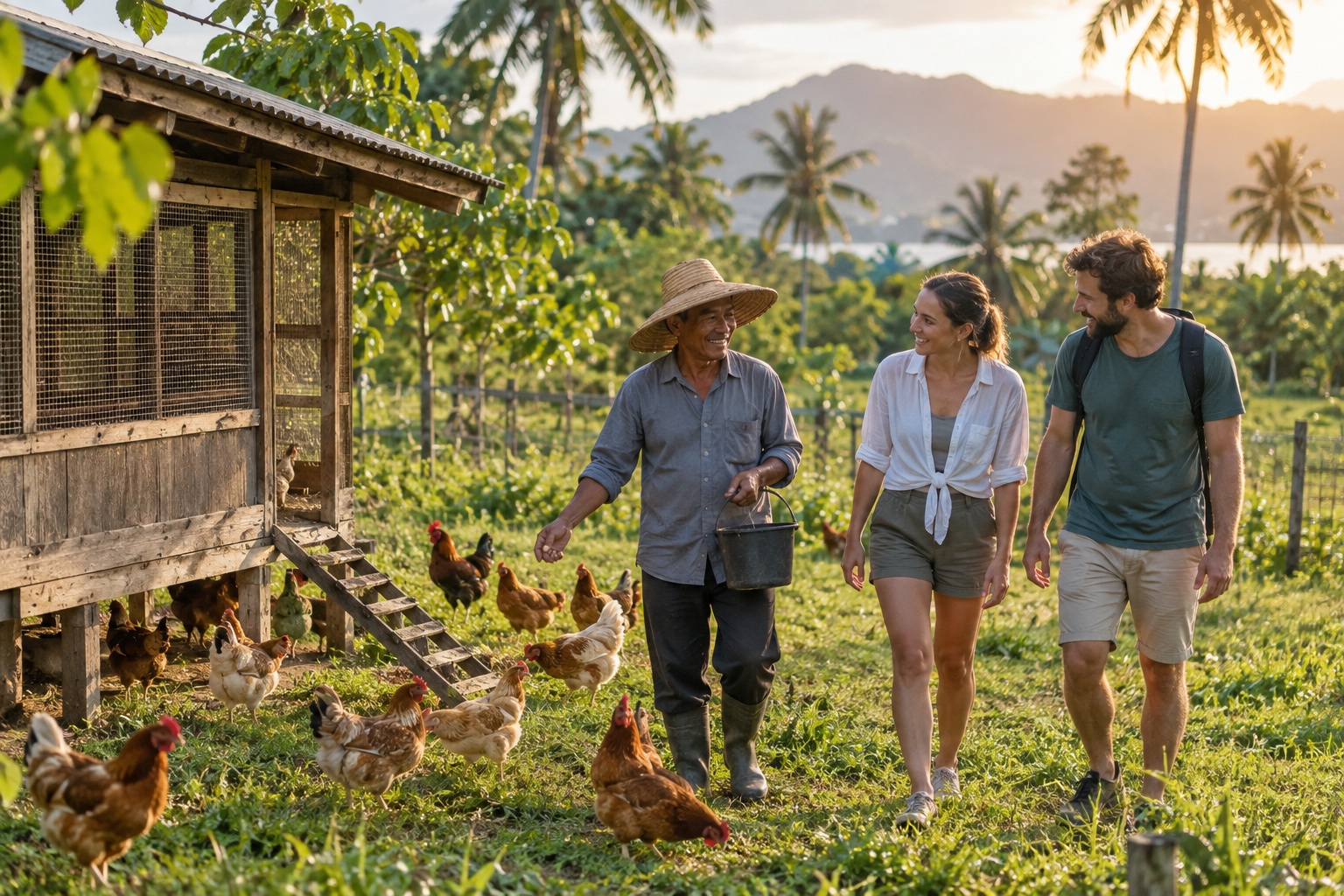 A chicken farmer walking with visitors beside a free-range flock