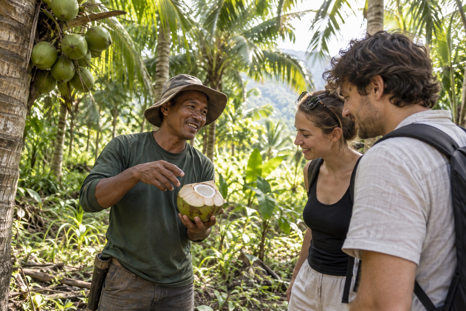 A coconut farmer sharing a fresh coconut with visitors