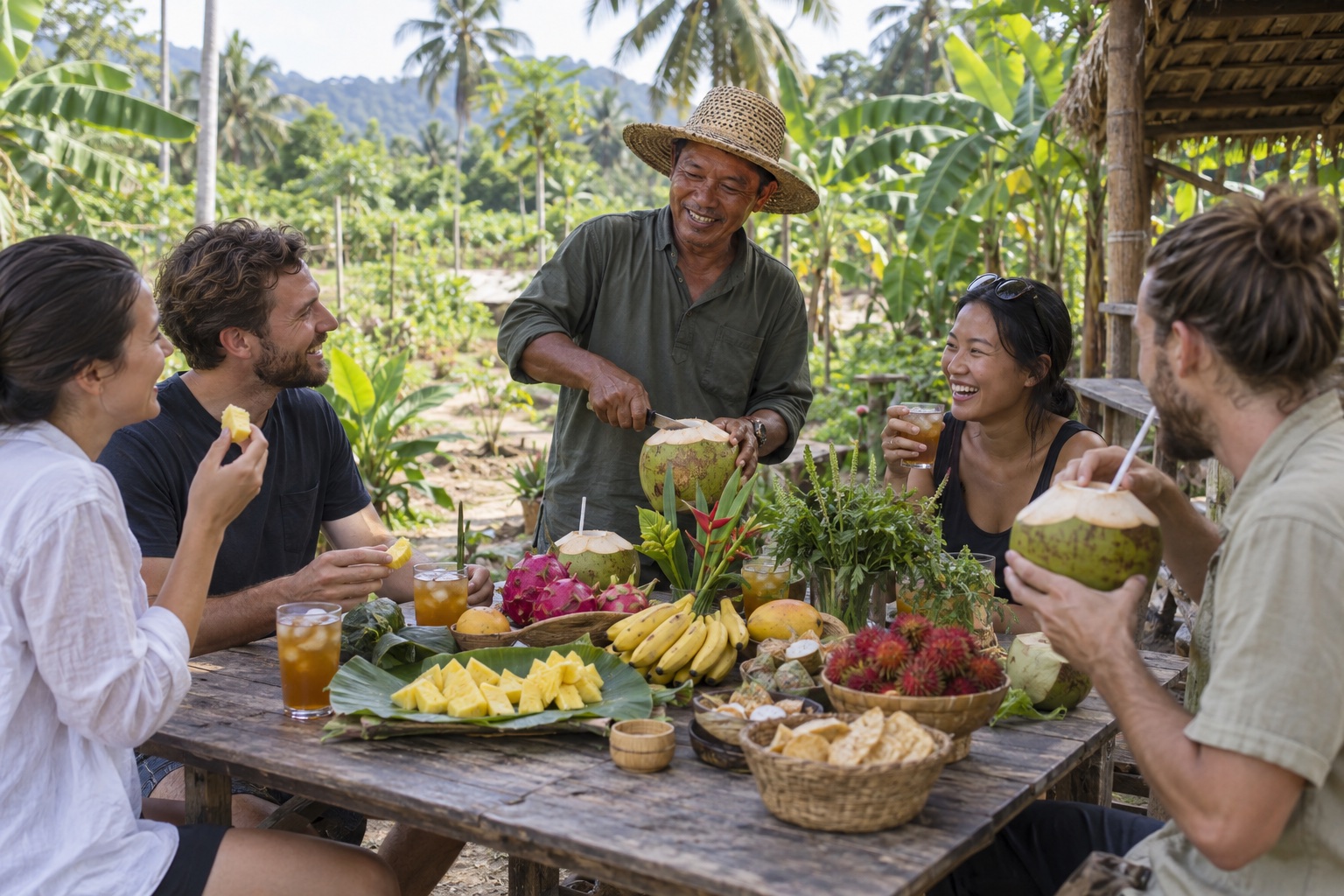 Freshly picked produce and local food shared at a farm table