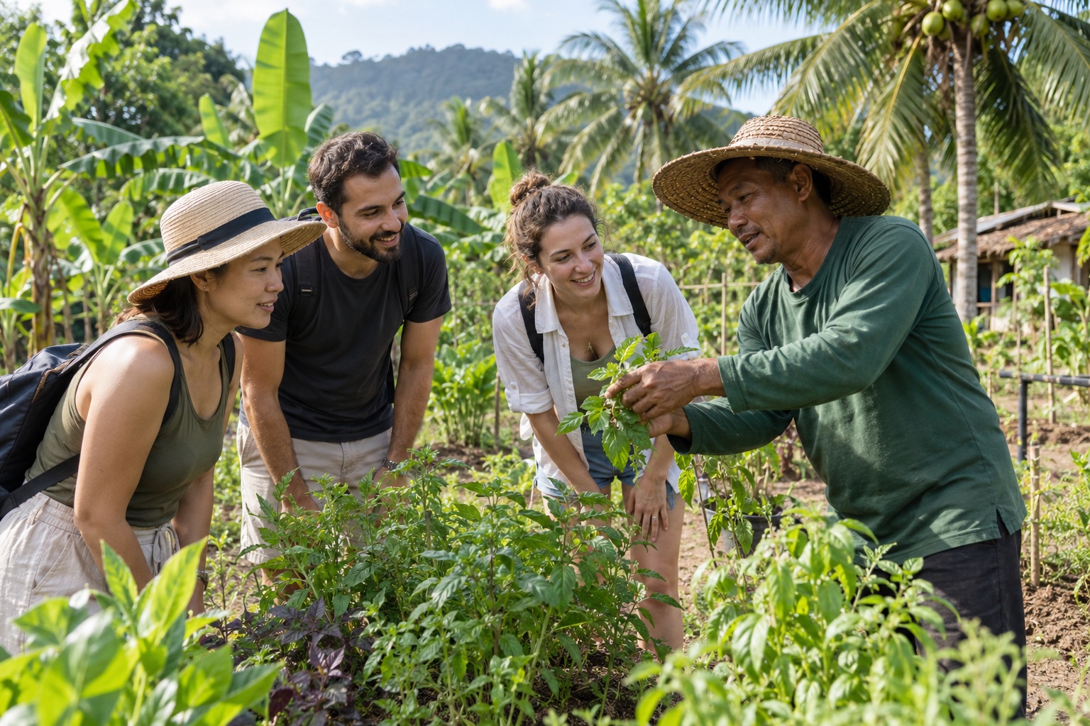 A local grower guiding visitors through vegetable beds
