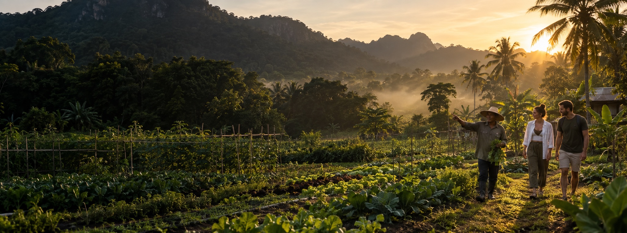 A local farmer guiding visitors through a tropical Langkawi farm at sunset